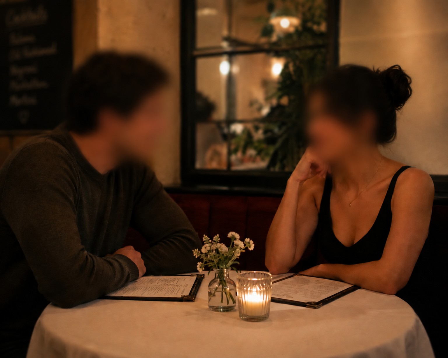 A candlelit table for two set with wine glasses and a single red rose